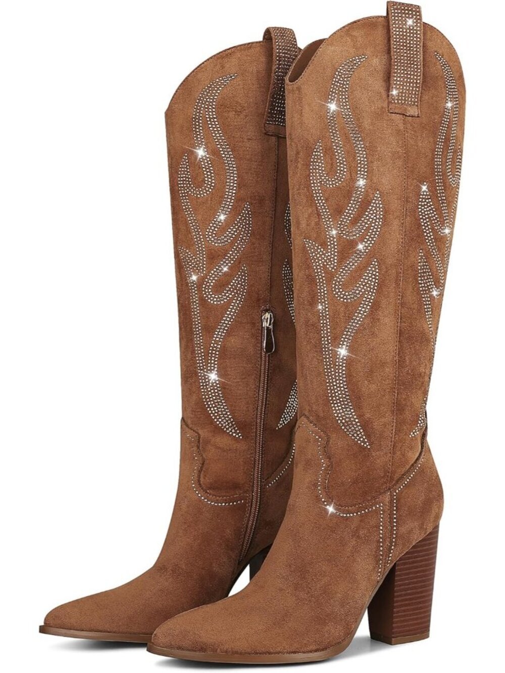 Women's Brown Rubber Pointed Toe Rhinestones Embroidered Western Knee High Boot